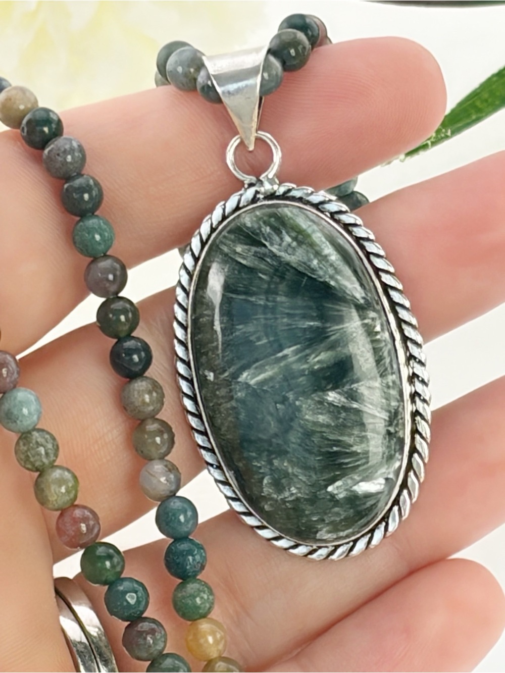 Seraphinite Green Gemstone Pendant Necklace Oval Sterling Silver 925 Overlay New